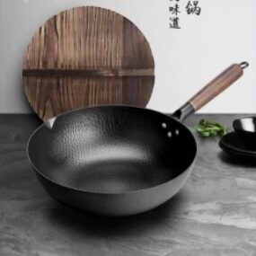 Modern Cast Iron Frying Pan Traditional Hand Hammered Forge Wooden Handle Non Stick Pan Poele Cuisine Kitchen Dining Bar Ec50pd