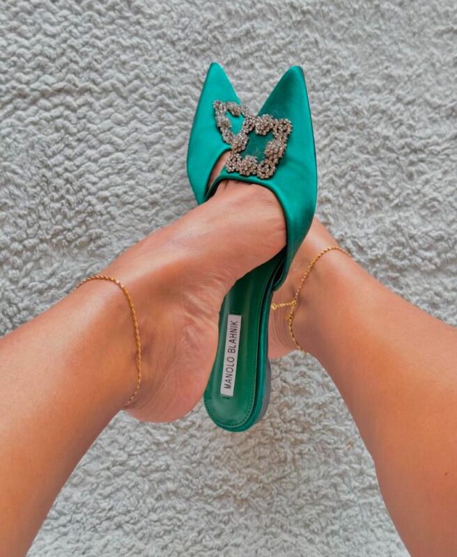 Manolo Blahnik Green Satin Jewel Buckle Flat Mules