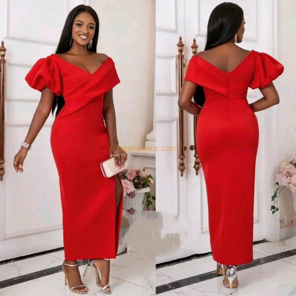 Women’s Red V Neck Irregular Sleeve Bodycon High Slit Party Maxi Dress