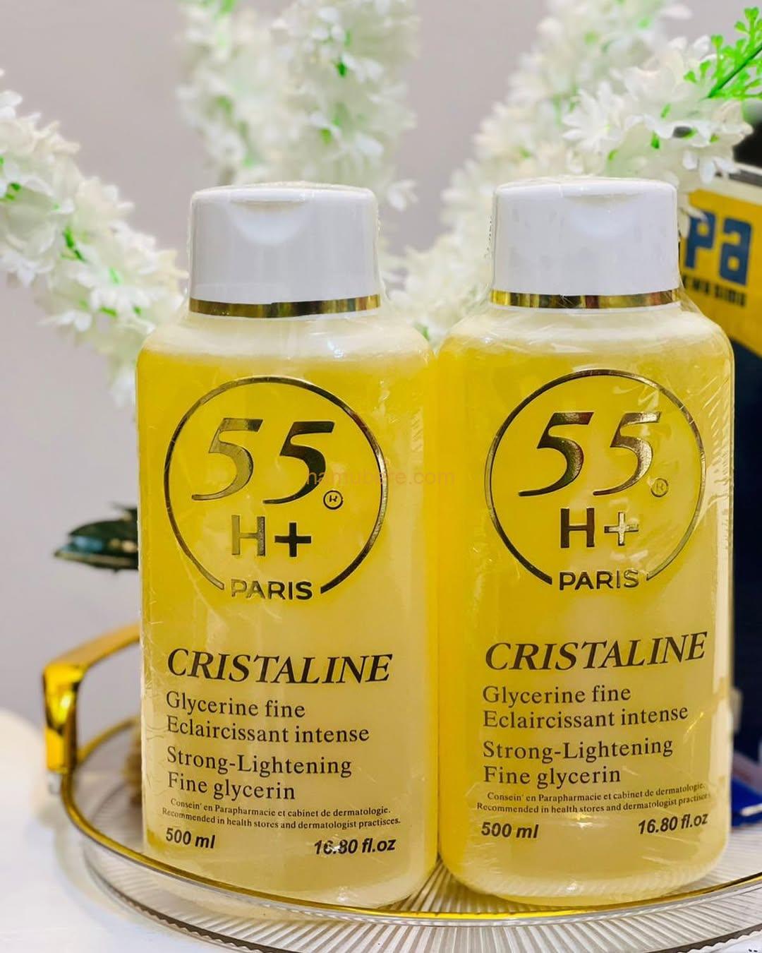 55H+ Paris Cristaline Lightening Fine Glycerine (500 Ml) Contains lightening agents for a brighter skin tone Enriched with fine glycerine for deep hydration Helps reduce dark spots and uneven skin tone Smooths and softens the skin Lightweight and non-grea