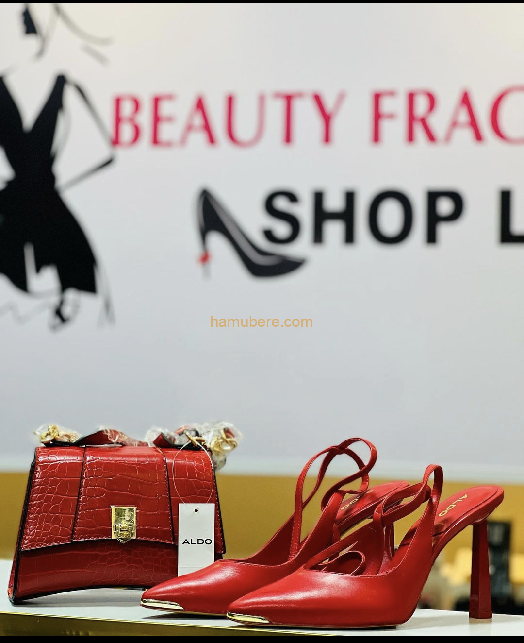 Set of handbag and high heels ladies shoes