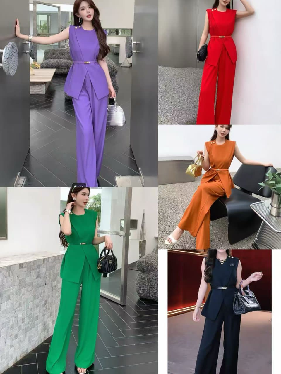 New Women's Solid Color Sleeveless Top and Belt Two-piece Set with Long Pants for Spring and Summer 2025 Casual Wear.