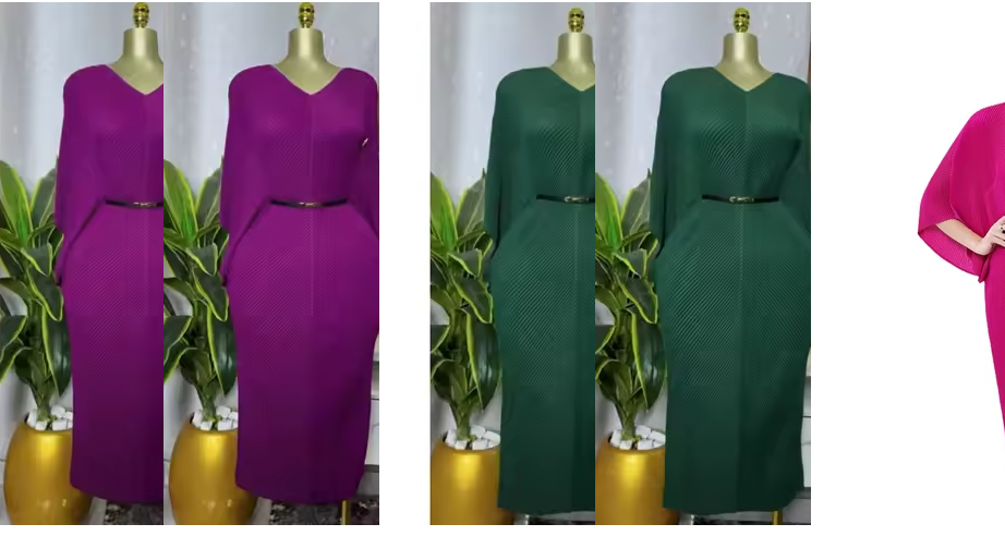 Women's Solid Color Elegant Batwing Sleeve Pleated Formal Evening Party Brooch Dress for Summer